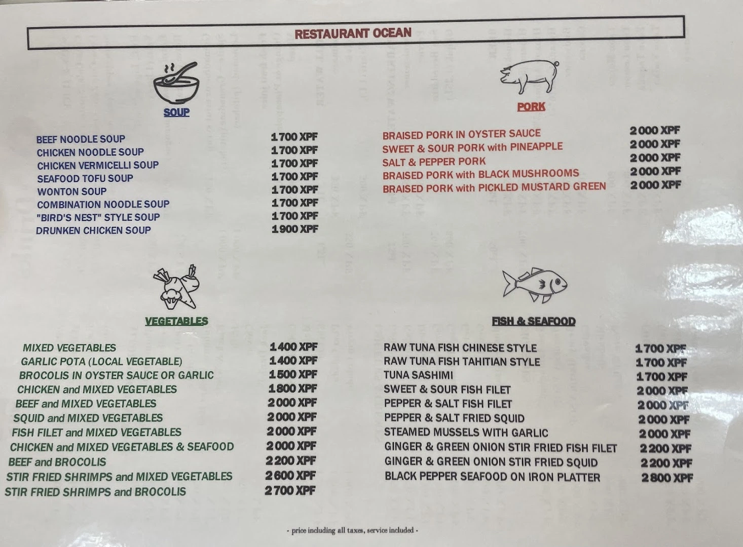 Carte du Restaurant Océan : soupes, porc, légumes, poisson et fruits de mer avec prix en XPF